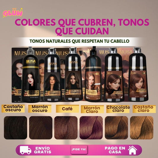 TRIO DE LOCURA ANTÍCANAS ( SHAMPOO TINTE CUBRE CANAS MUSA DE 400 ML)