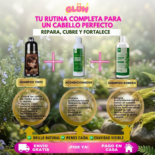 TRÍO CAPILAR COMPLETO ( SHAMPOO TINTE + SHAMPOO ROMERO + ACONDICIONADOR DE ROMERO )