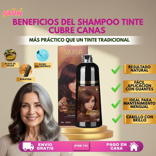 TRIO DE LOCURA ANTÍCANAS ( SHAMPOO TINTE CUBRE CANAS MUSA DE 400 ML)