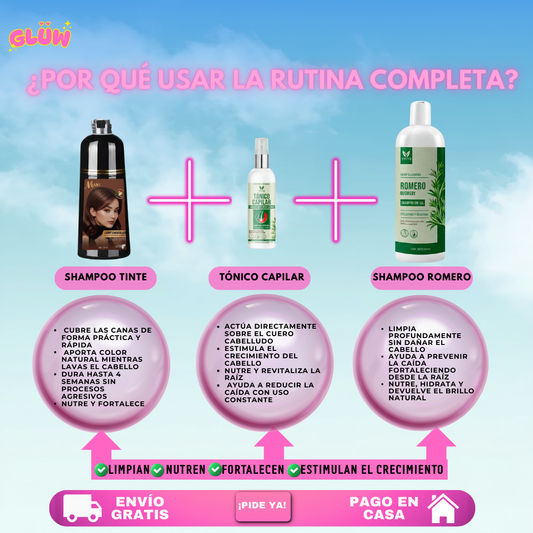 TRÍO COMPLETO ( SHAMPOO TINTE + SHAMPOO ROMERO + TÓNICO CAPILAR )