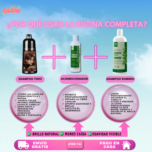TRÍO CAPILAR COMPLETO ( SHAMPOO TINTE + SHAMPOO ROMERO + ACONDICIONADOR DE ROMERO )