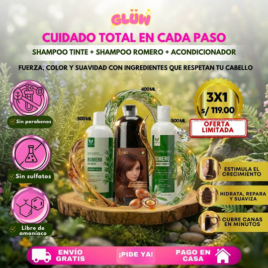 TRÍO CAPILAR COMPLETO ( SHAMPOO TINTE + SHAMPOO ROMERO + ACONDICIONADOR DE ROMERO )