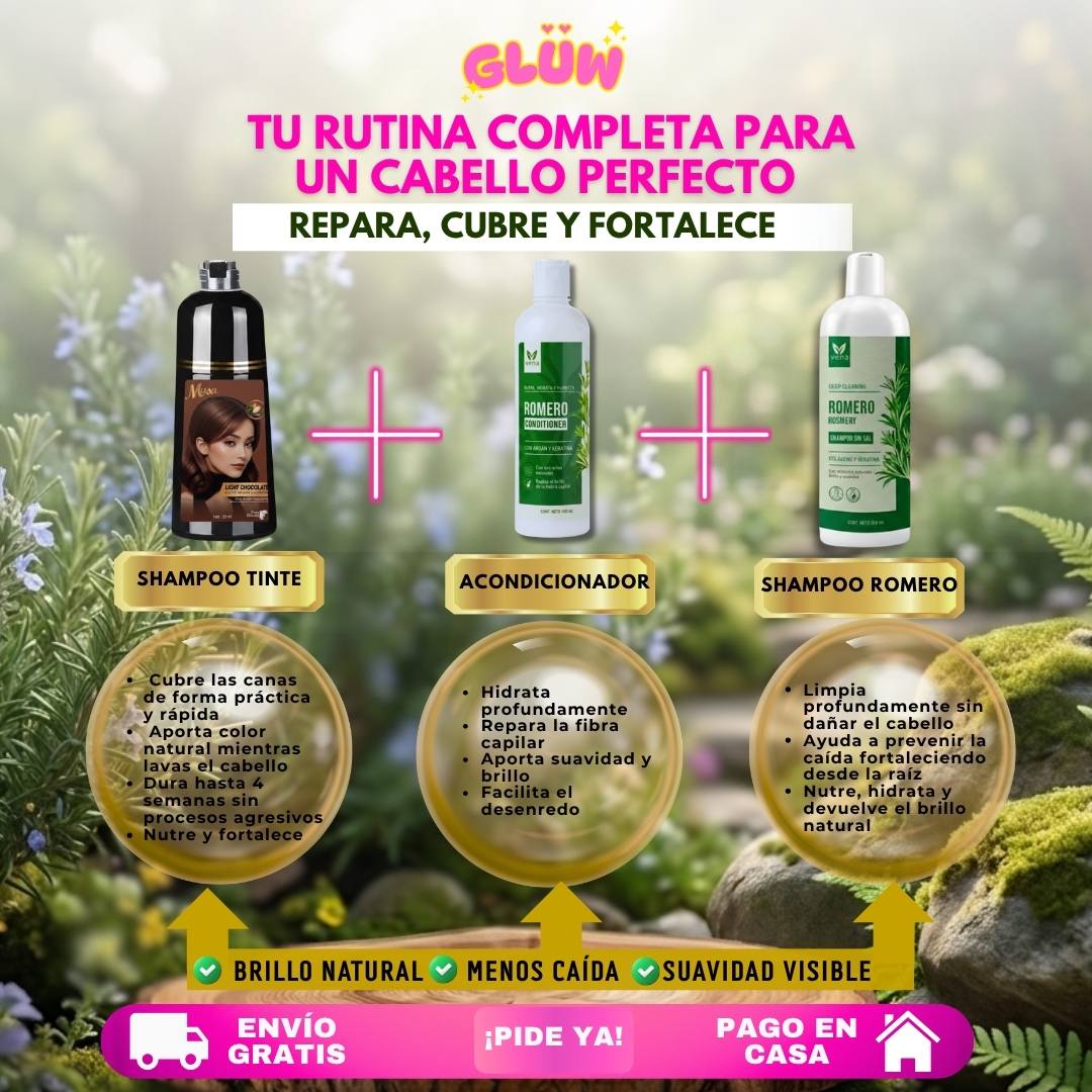 TRÍO CAPILAR COMPLETO ( SHAMPOO TINTE + SHAMPOO ROMERO + ACONDICIONADOR DE ROMERO )