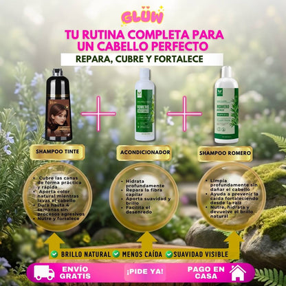 TRÍO CAPILAR COMPLETO ( SHAMPOO TINTE + SHAMPOO ROMERO + ACONDICIONADOR DE ROMERO )