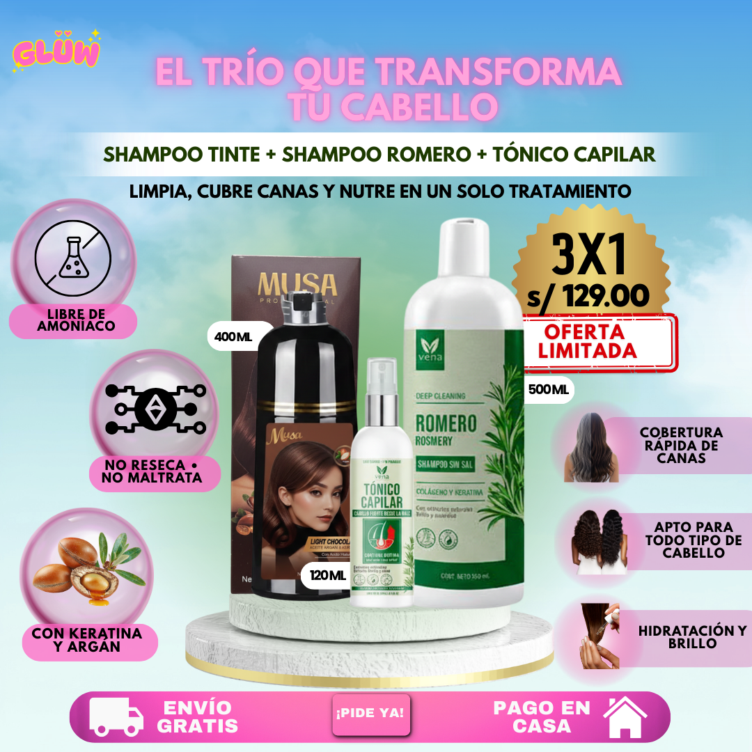 TRÍO COMPLETO ( SHAMPOO TINTE + SHAMPOO ROMERO + TÓNICO CAPILAR )