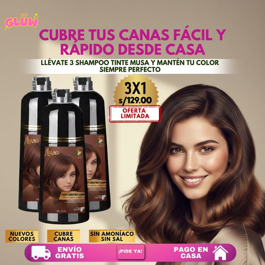 TRIO DE LOCURA ANTÍCANAS ( SHAMPOO TINTE CUBRE CANAS MUSA DE 400 ML)