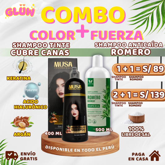 COMBO COLOR + FUERZA (SHAMPOO TINTE CUBRE CANAS +  SHAMPOO DE ROMERO)