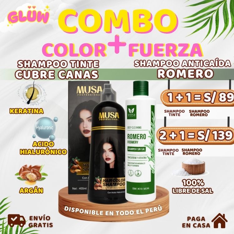COMBO COLOR + FUERZA (SHAMPOO TINTE CUBRE CANAS +  SHAMPOO DE ROMERO)