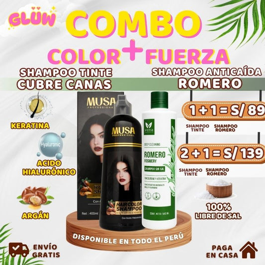 COMBO COLOR + FUERZA (SHAMPOO TINTE CUBRE CANAS +  SHAMPOO DE ROMERO)