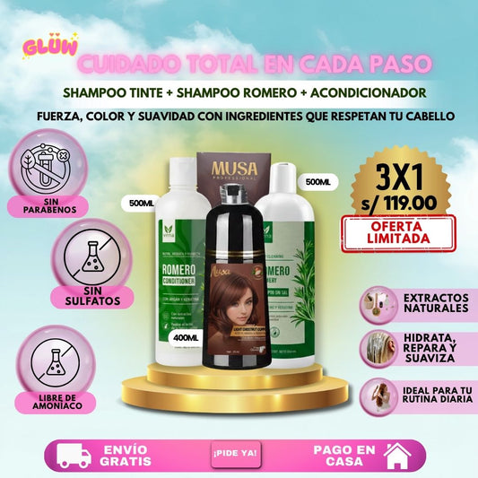 TRÍO CAPILAR COMPLETO ( SHAMPOO TINTE + SHAMPOO ROMERO + ACONDICIONADOR DE ROMERO )