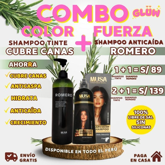 COMBO MUSA ANTICANAS + ANTICAÍDA ( SHAMPOO TINTE CUBRE CANAS 400 ML + SHAMPOO ROMERO 1 LITRO)